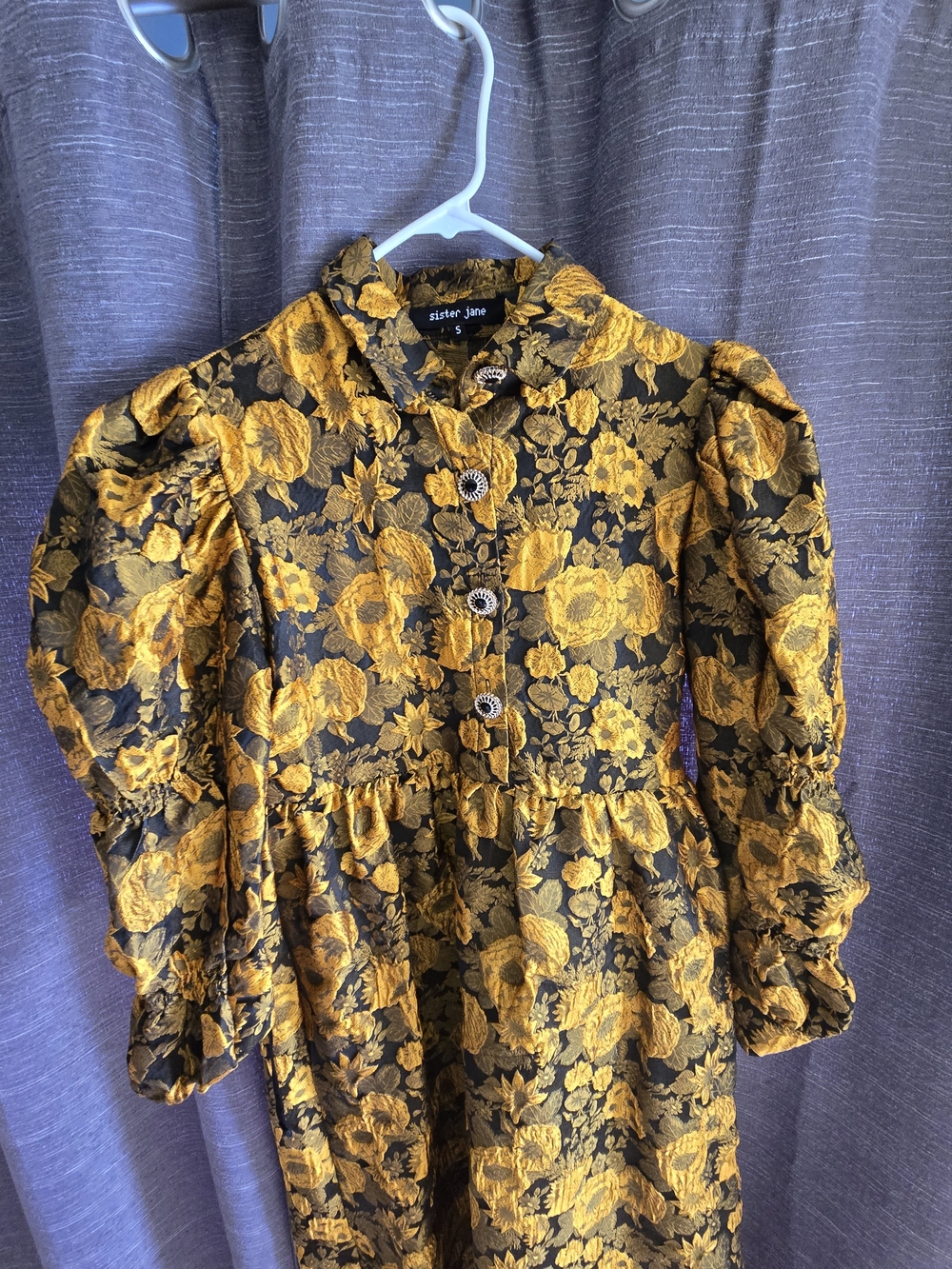 Sister Jane Yellow Floral Puff-Sleeve Dress. Size S.  This Dress Is Oversized.